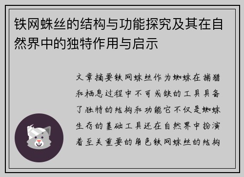 铁网蛛丝的结构与功能探究及其在自然界中的独特作用与启示